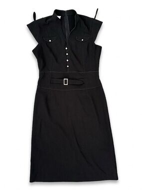 EUC Women’s Black Cap-Sleeve Belted Sheath Cocktail Midi Dress Size 7/8